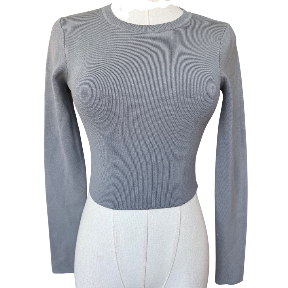 Zara Slate Gray Ribbed Knit Cropped Sweater Size S Minimalist‎ Modern Clean Chic